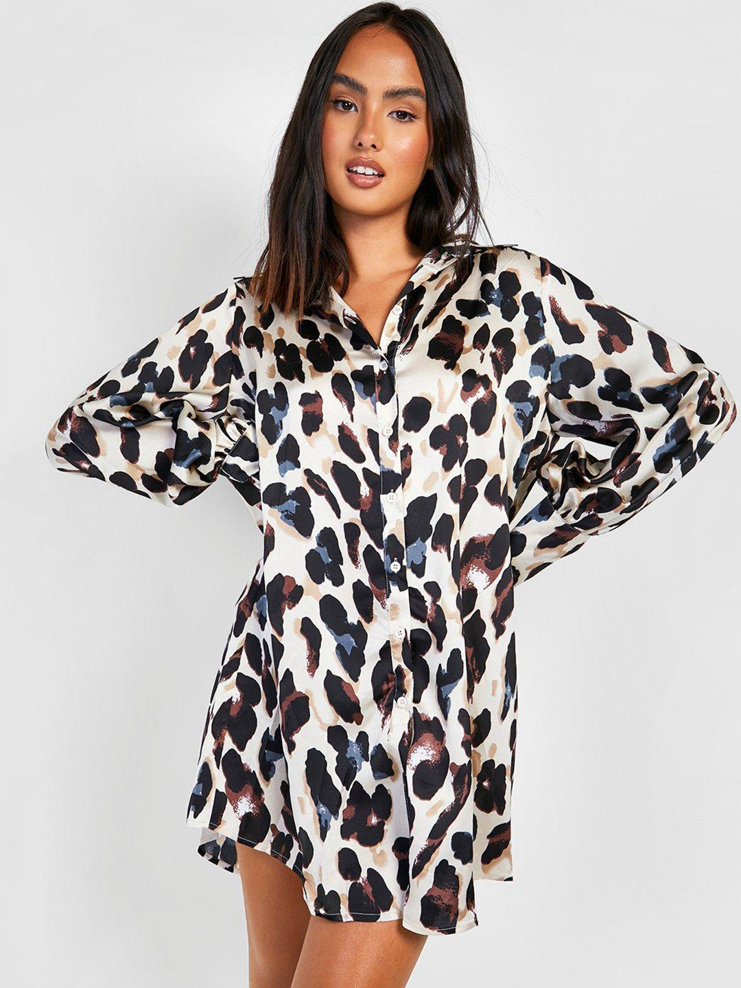 Boohoo Leopard Print Oversized Shirt Dress