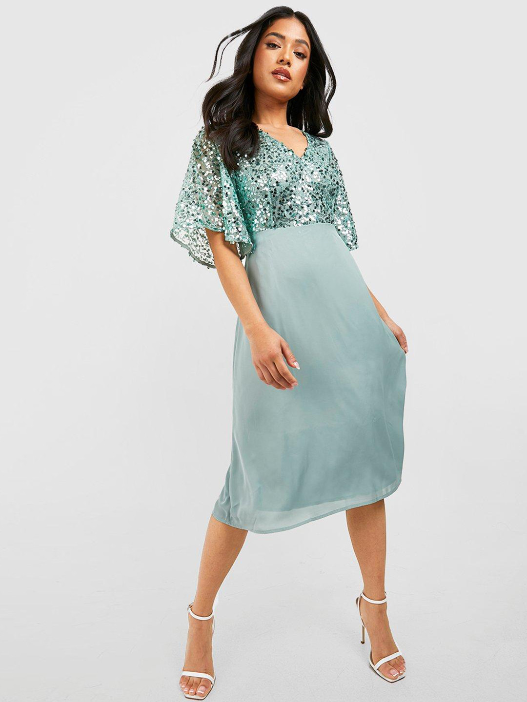 Boohoo Petite Sequined Angel Sleeves A-Line Midi Dress