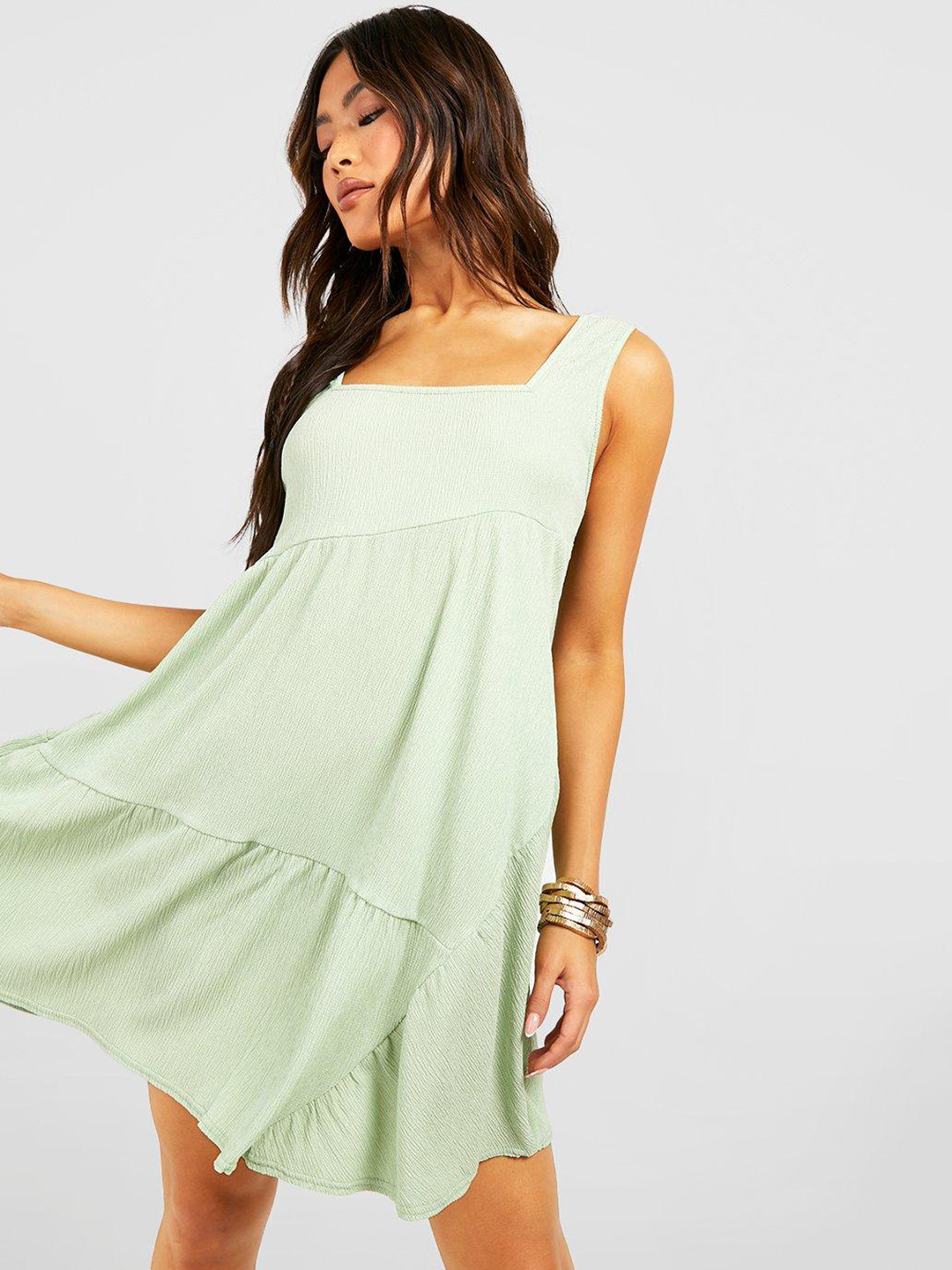 Boohoo Textured Smocked Detail Tiered Dress