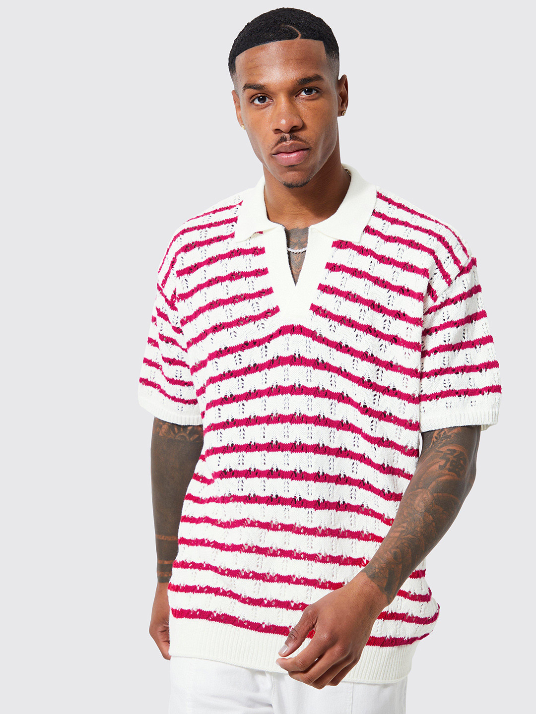 boohooMAN Acrylic Crochet Striped Polo Collar Oversized T-shirt