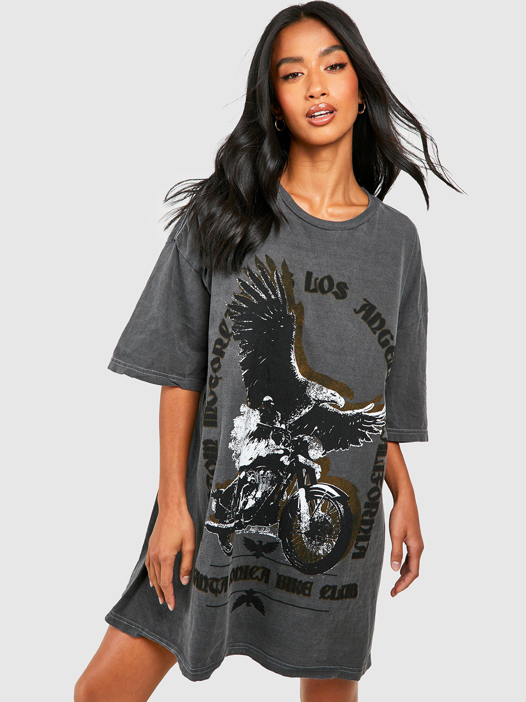 Boohoo Petite Motorcycle Slogan Print T-shirt Oversized Dress