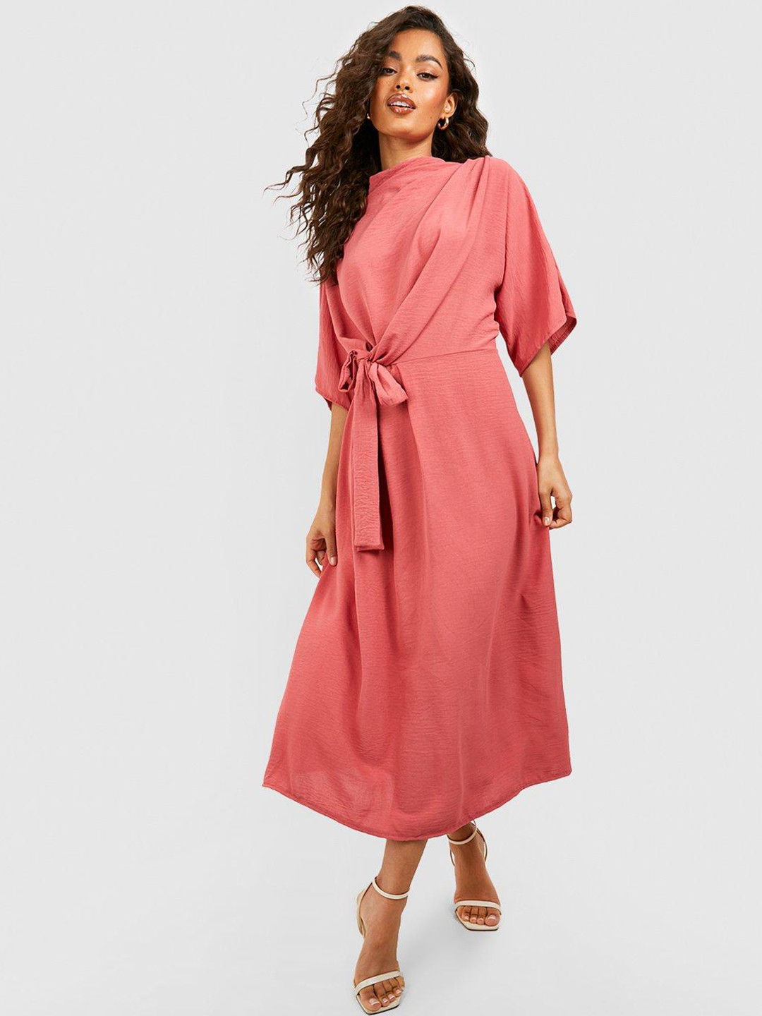 Boohoo Hammered Knot Cowl Neck A-Line Midi Dress