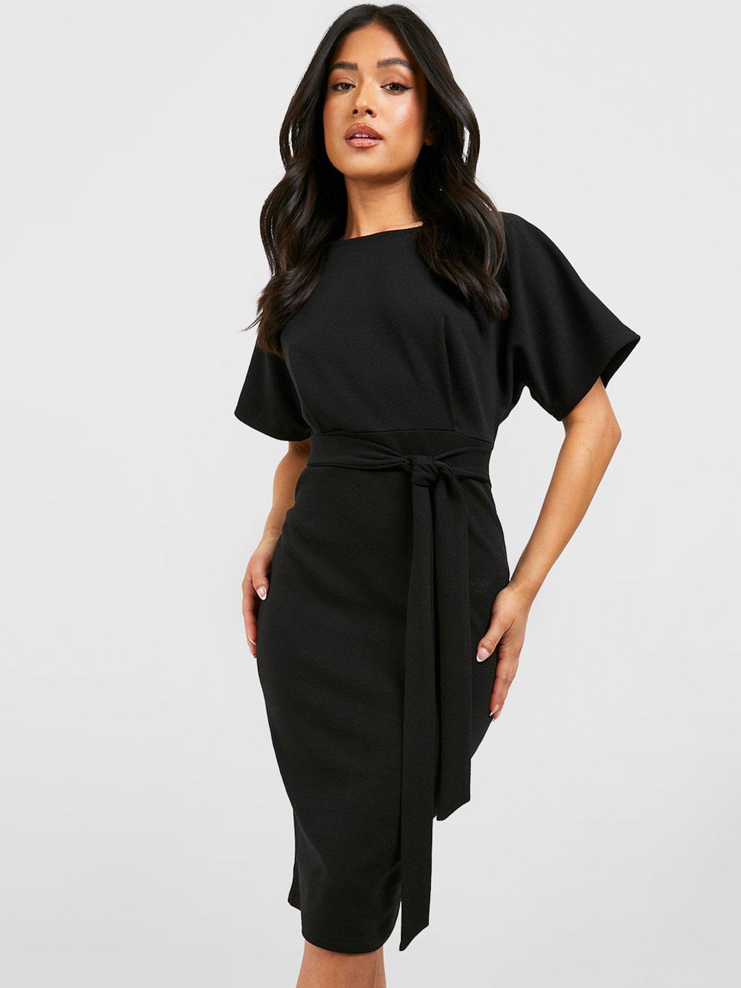 Boohoo Petite Tie-Up Waist Flutter Sleeve Formal Sheath Midi Dress