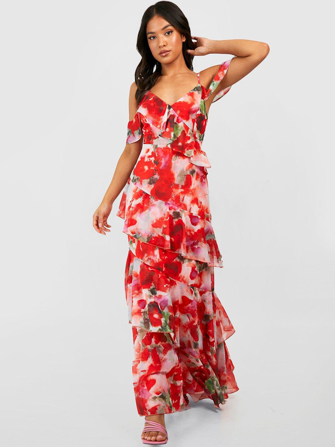 Boohoo Petite Floral Print Cold-Shoulder Tiered Ruffled Chiffon Maxi Dress