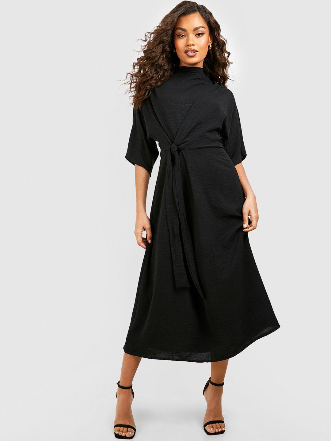 Boohoo Hammered Knot Cowl Neck Flutter Sleeve A-Line Midi Dress