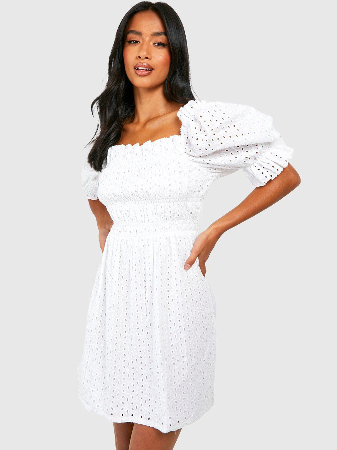 Boohoo Petite Schiffli Embroidered Puff Sleeve A-Line Dress