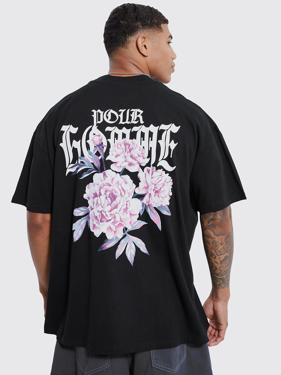 boohooMAN Typography & Floral Printed Back Pure Cotton Oversized T-shirt