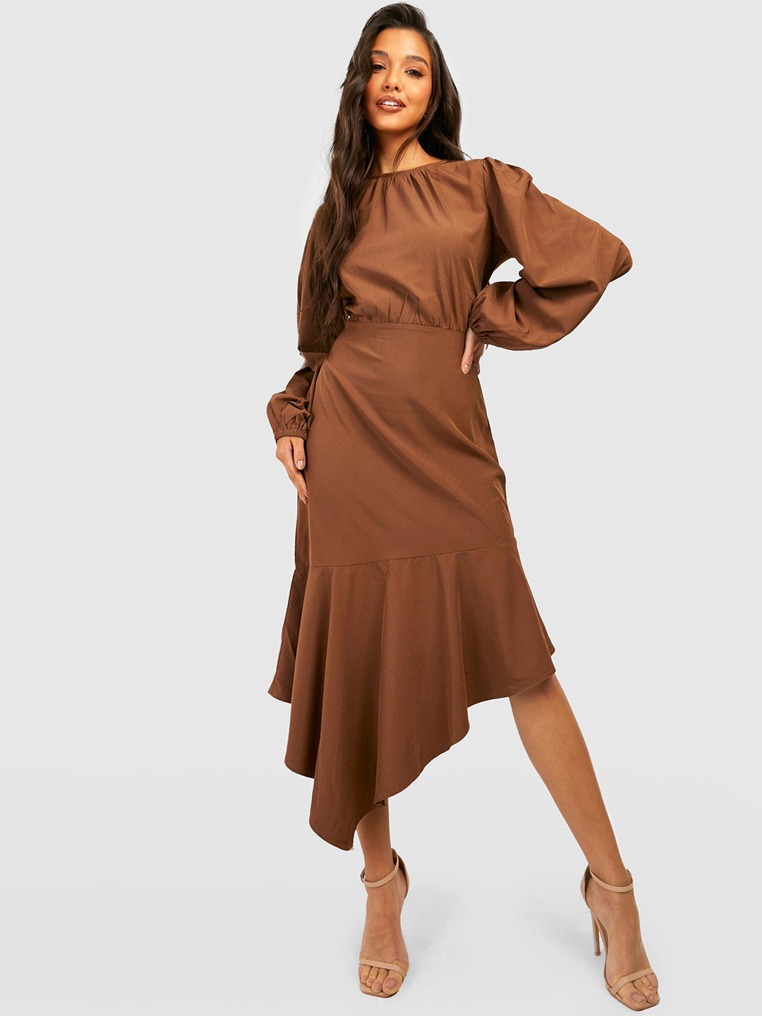 Boohoo Frilled Hem Asymmetric Midi Dress