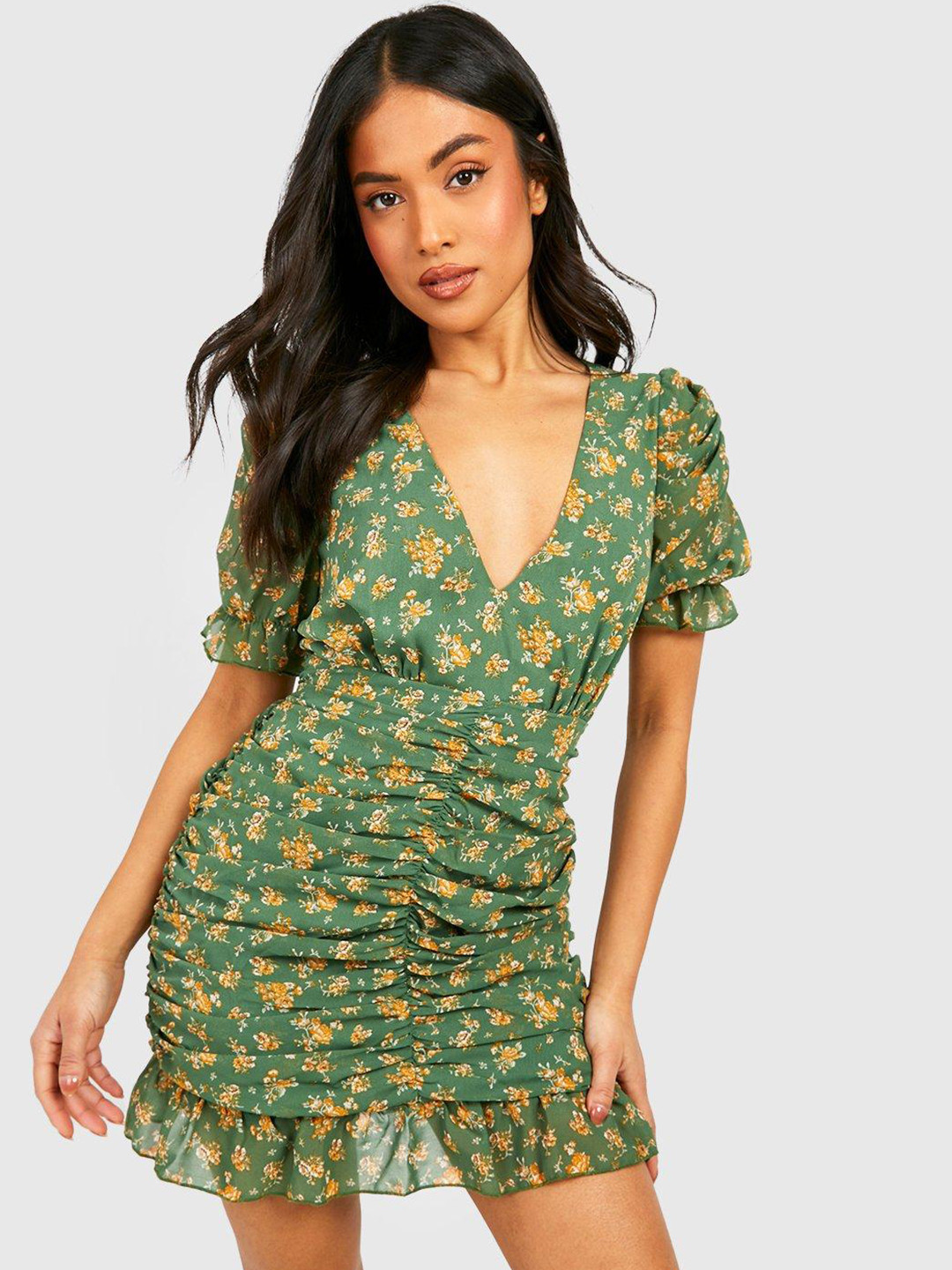Boohoo Petite Floral Print Ruched Puff Sleeve Bodycon Mini Dress