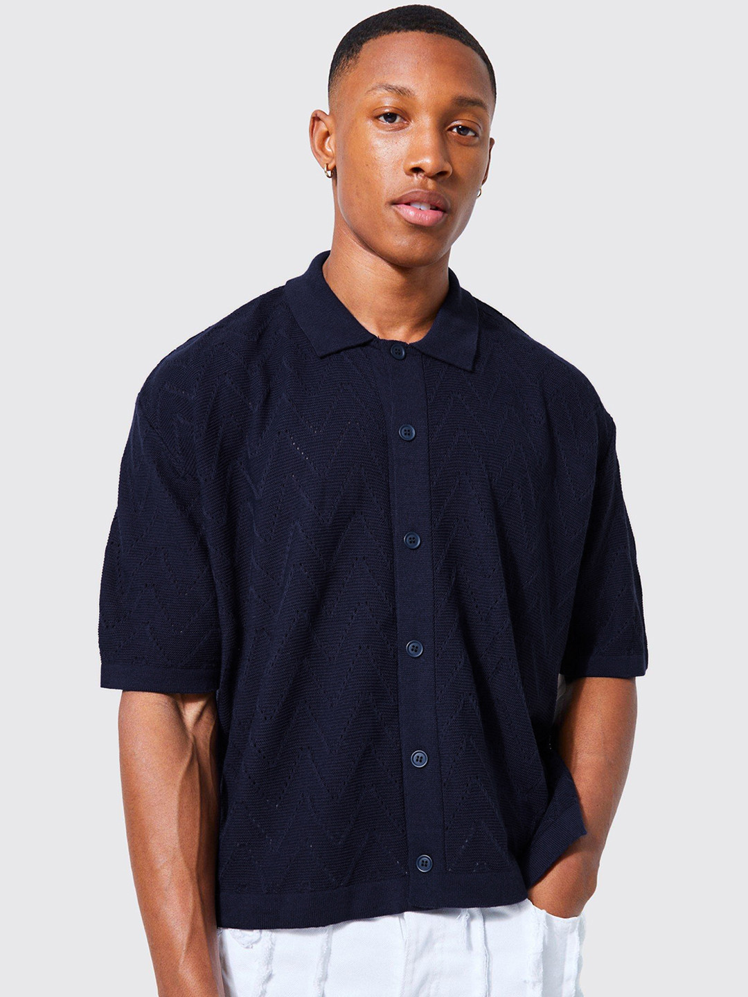 boohooMAN Men Navy Blue Boxy Chevron Opaque Casual Shirt