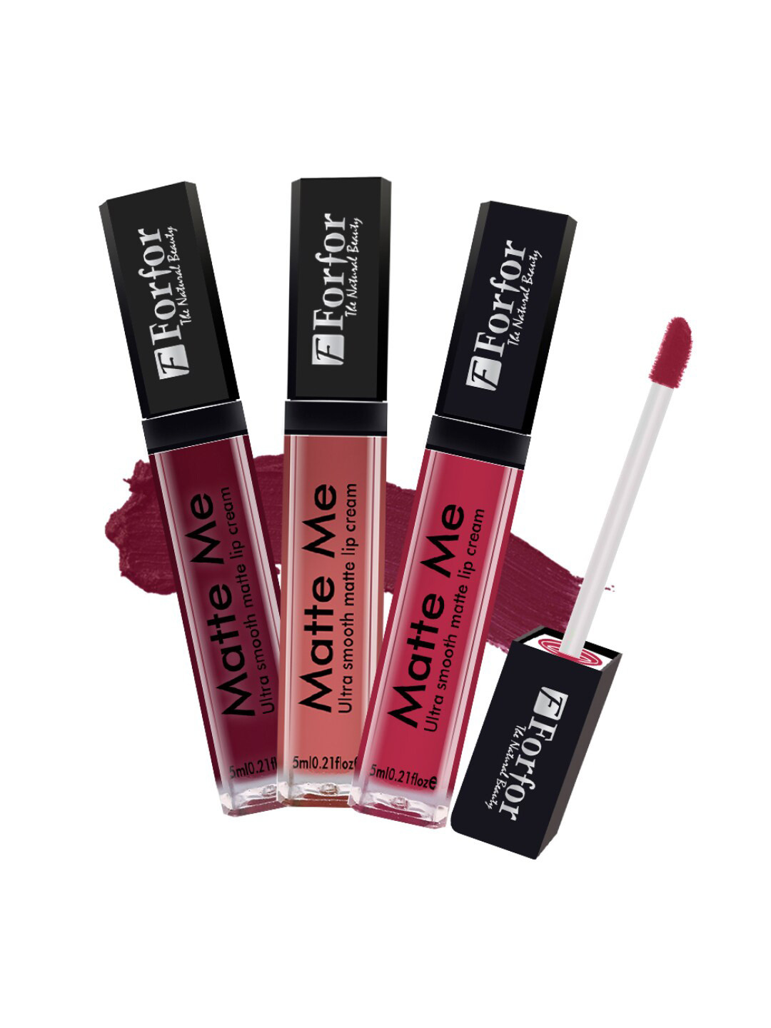 FORFOR Matte Me 3Pcs Long Lasting Liquid Matte Lipstick Vintage Wine-Nude Peach-Rose Red