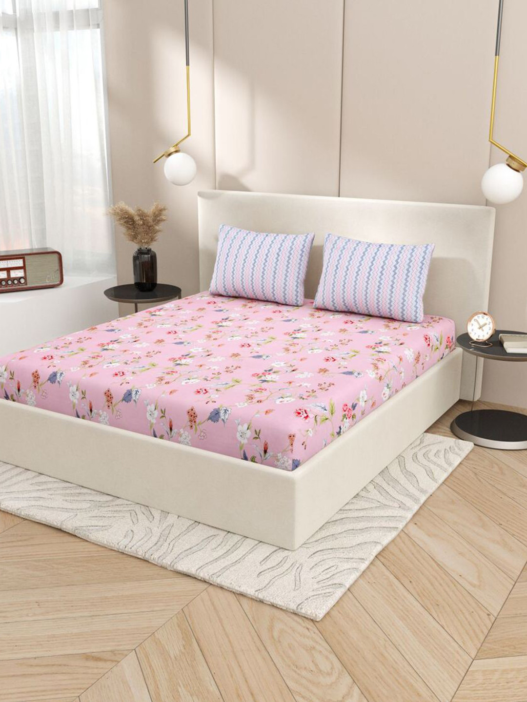 EasyGoods Atlanta02 Pink Floral Polycotton 250 TC King Fine Bedsheet with 2 Pillow Covers-106 x 106 inches