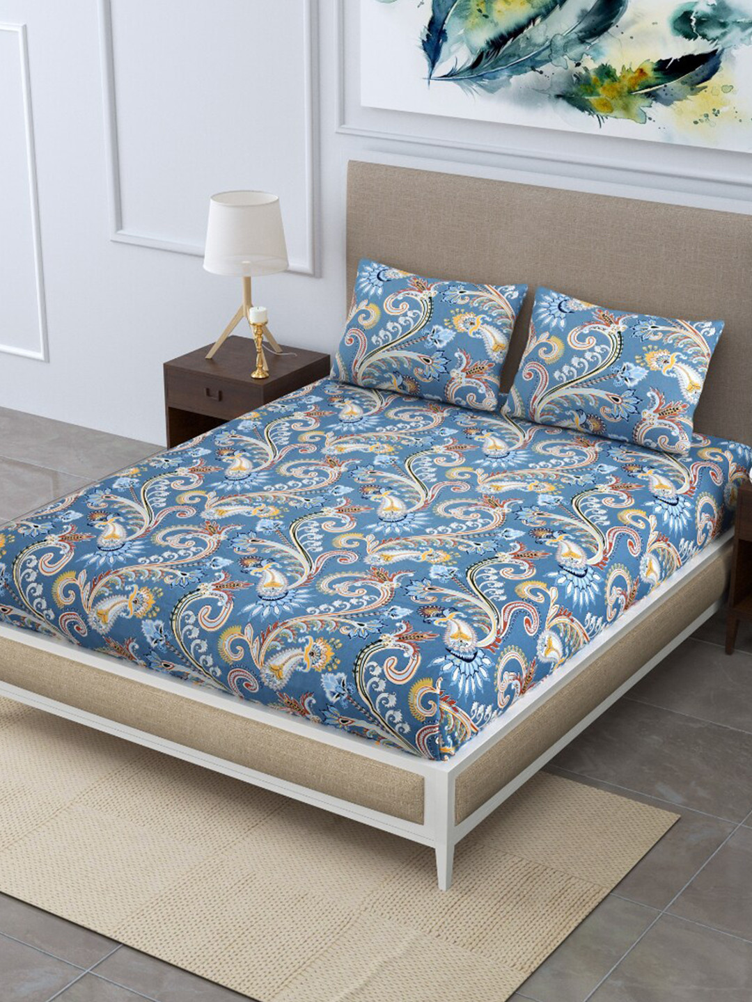 EasyGoods Merino42 Blue Ethnic Motifs Polycotton 250 TC King Fine Bedsheet with 2 Pillow Covers-87 x 98 inches