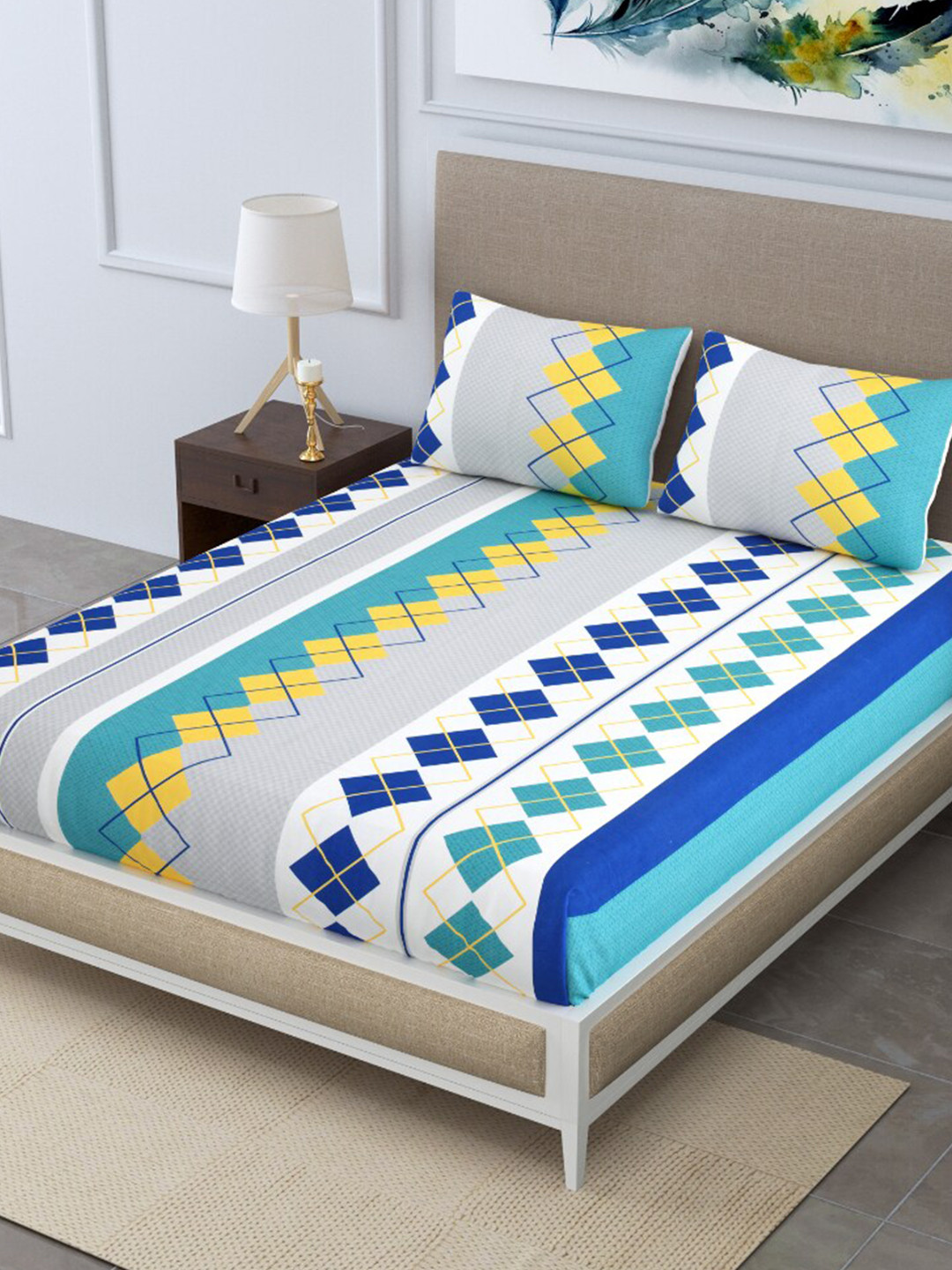 EasyGoods Merino46 White Geometric Polycotton 250 TC King Fine Bedsheet with 2 Pillow Covers-90 x 100 inches