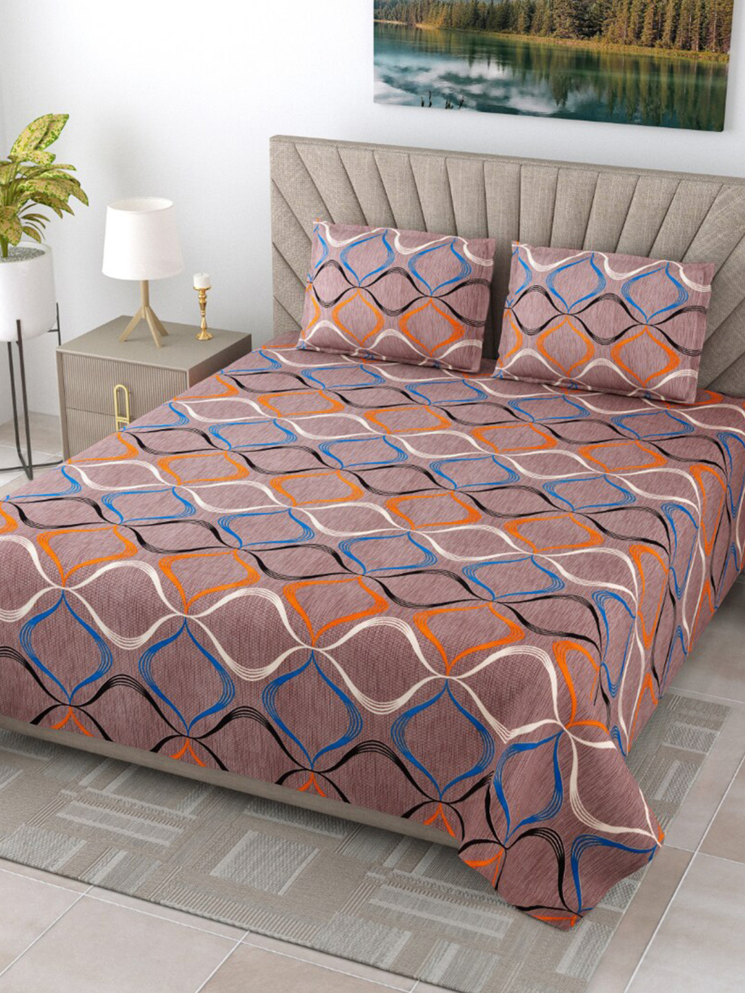 EasyGoods Kasa02 Brown Geometric Polycotton 250 TC King Fine Bedsheet with 2 Pillow Covers-109 x 109 inches