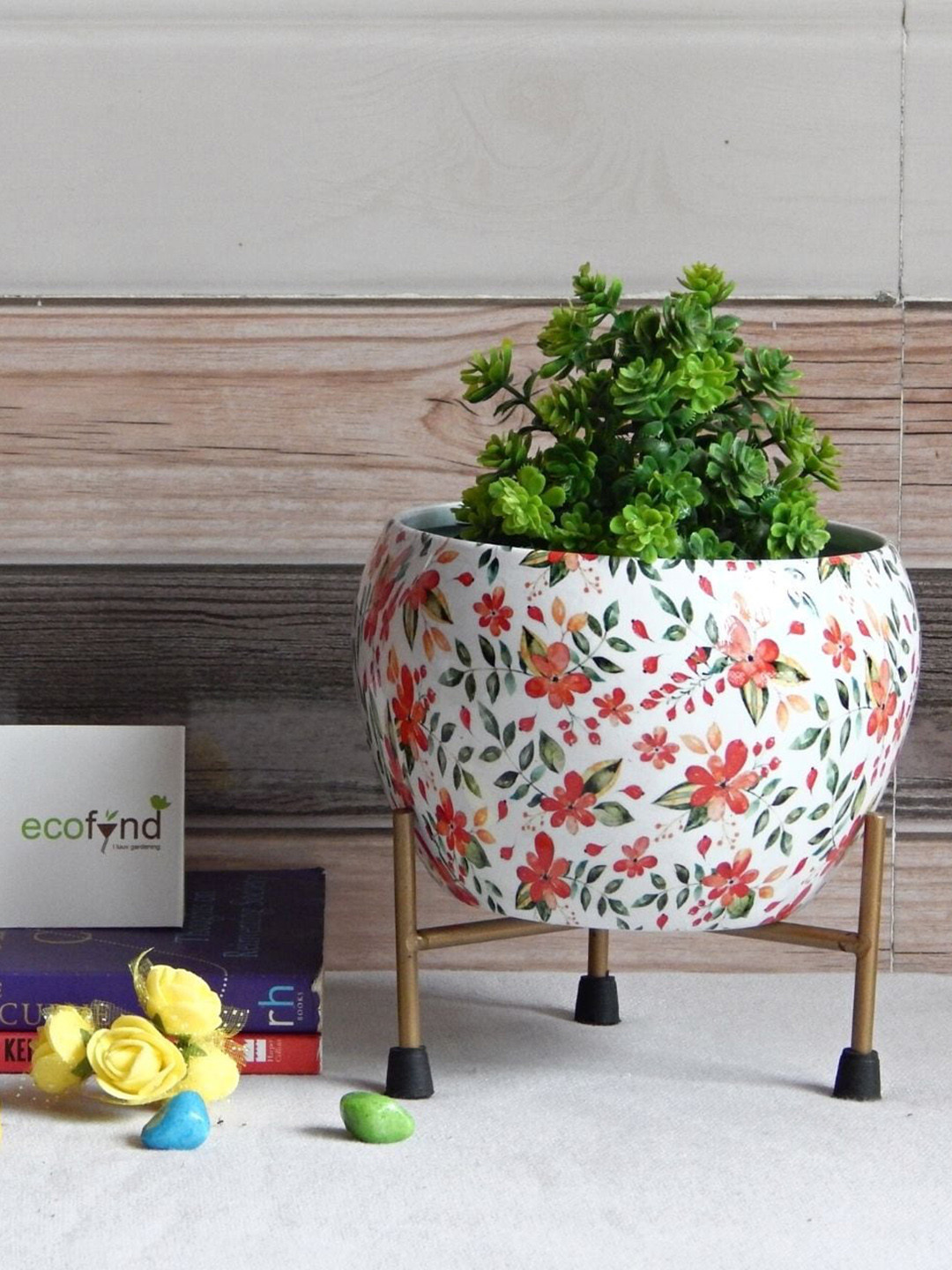ecofynd White & Red Floral Print Metal Planter With Stand