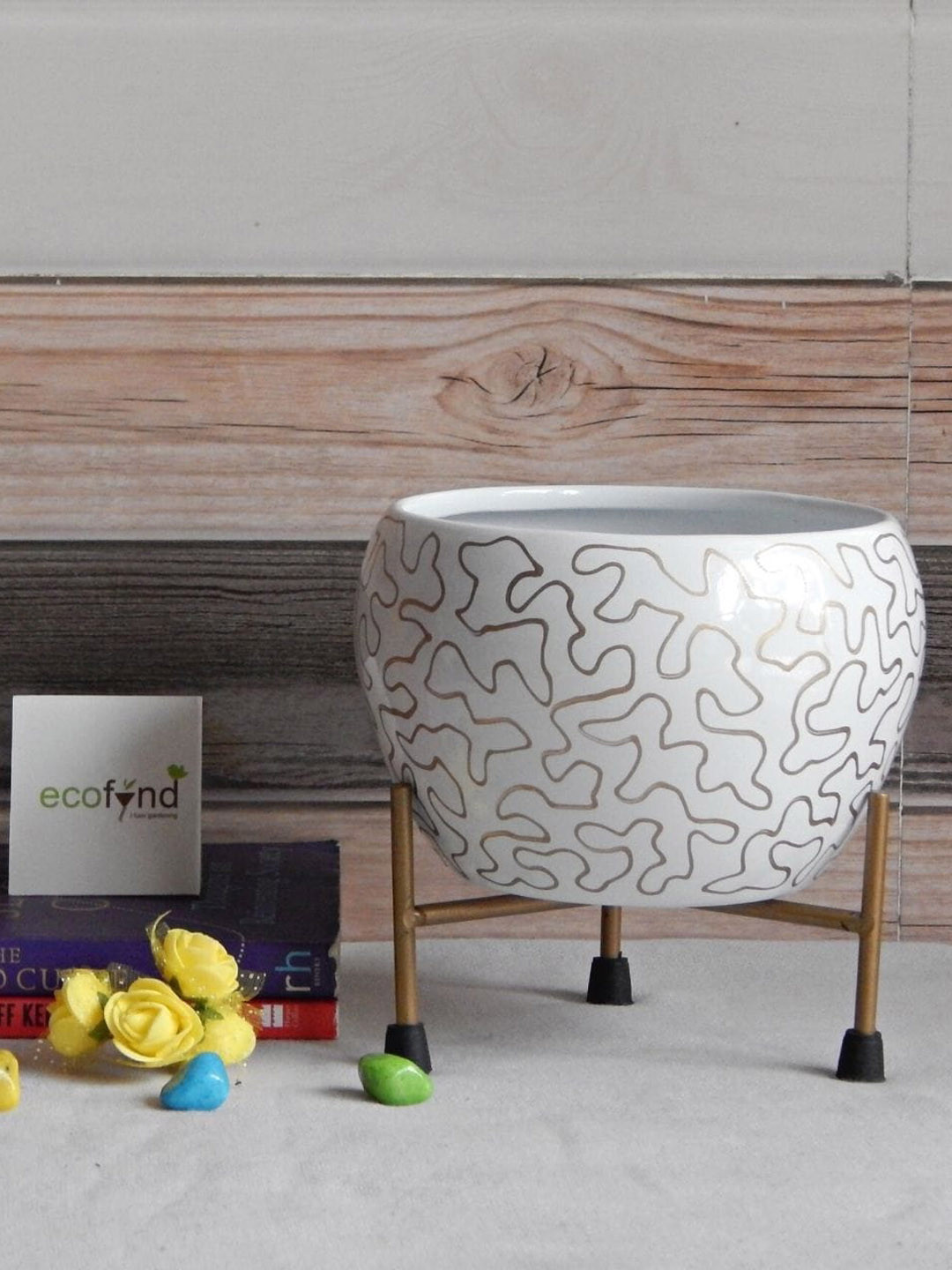 ecofynd Lio White Printed Metal Planters with Stand