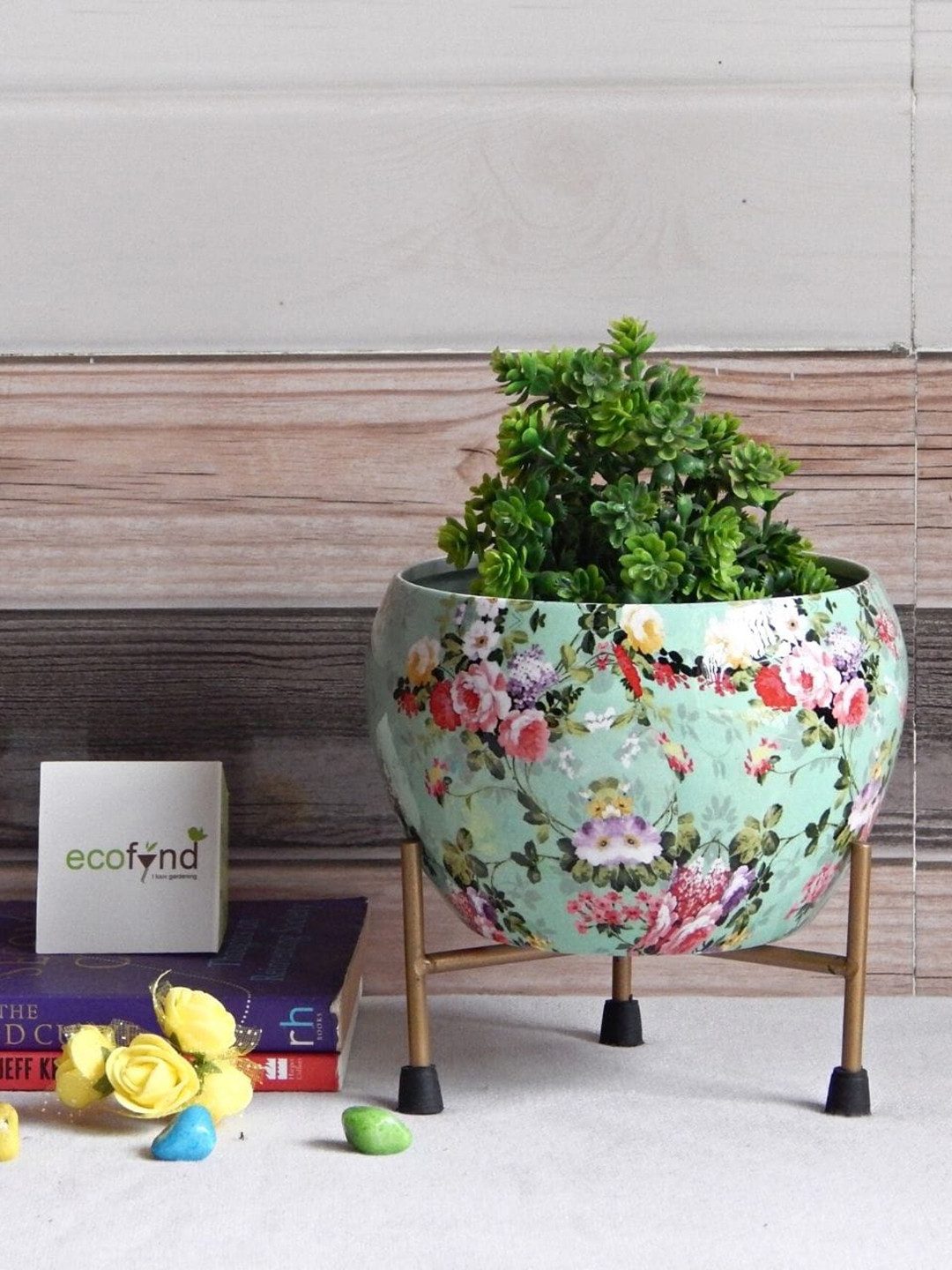 ecofynd Lio Green Set of 2 Printed Metal Pot with Stand