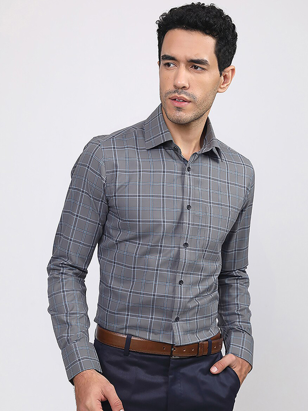 LOUIS STITCH Comfort Tartan Checked Spread Collar Chest Pocket Cotton Formal Shirt