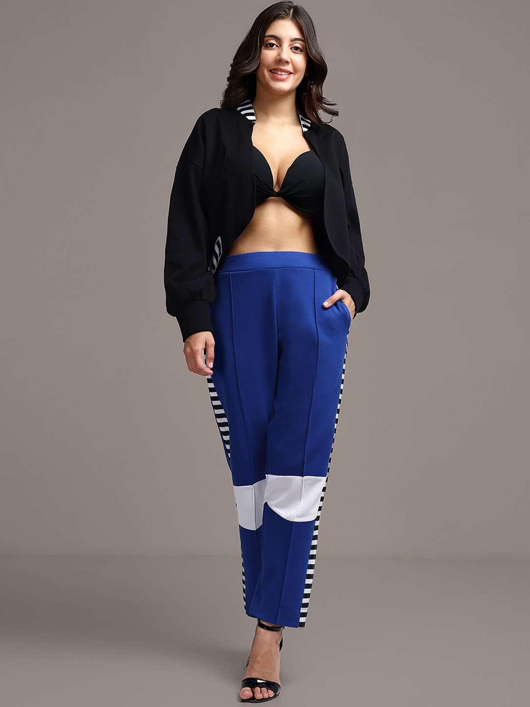 iki chic Black Blue Shawl Collar Jacket With Trousers