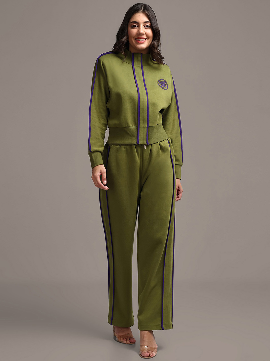 iki chic Olive Green High Neck Sweatshirt With Trousers