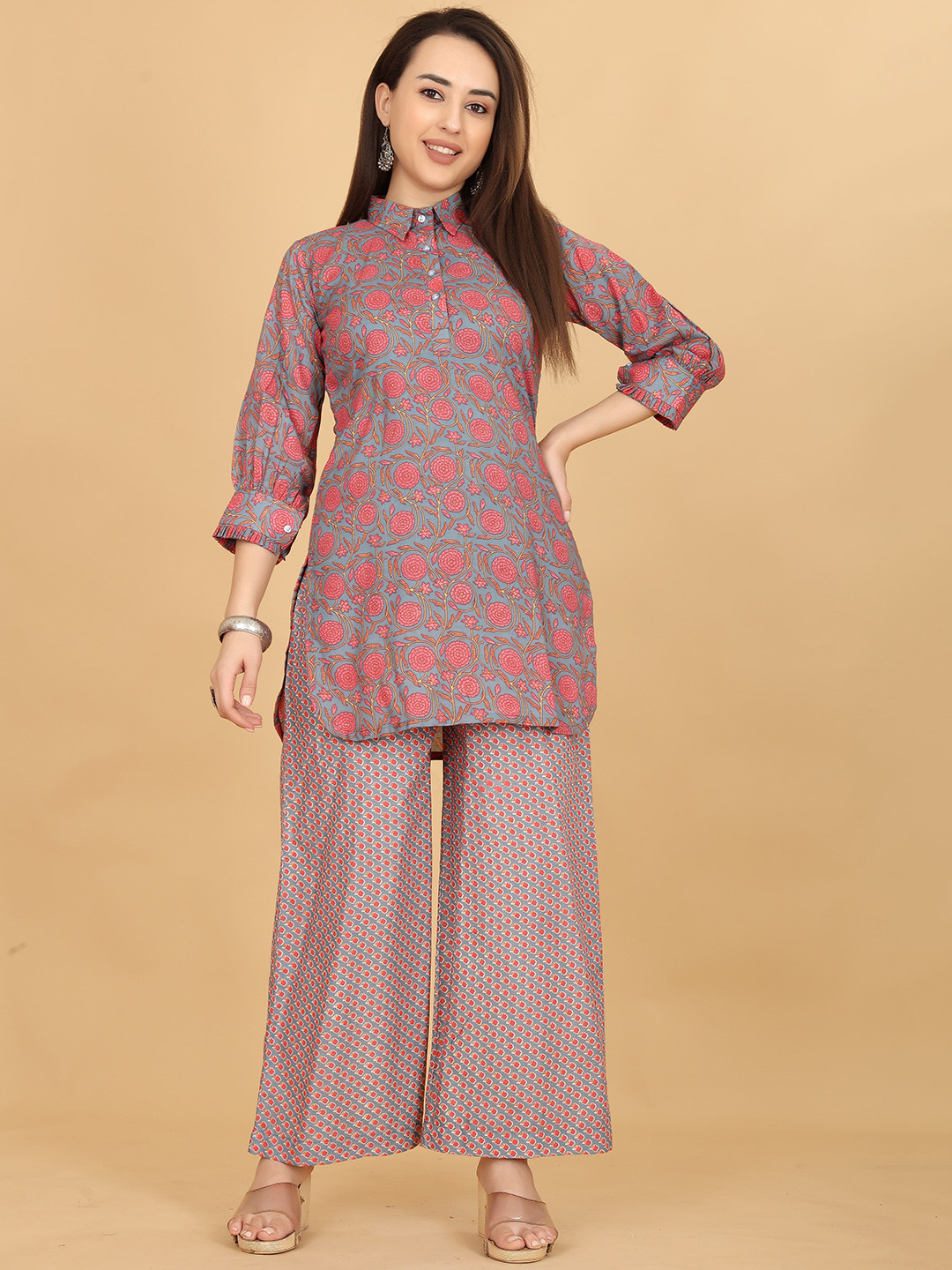 CHANSI Grey Printed Shirt Collar Tunic With Palazzos