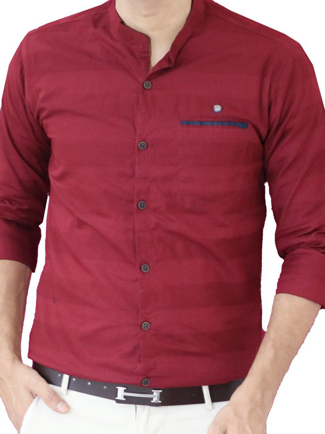 FUBAR Slim Fit Horizontal Strips Band Collar Casual Shirt