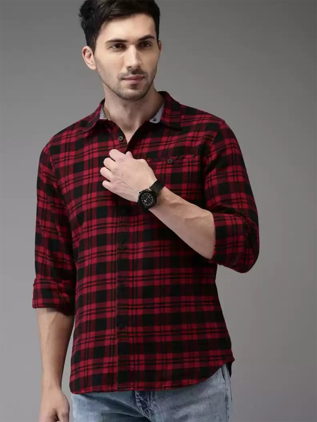 Check for men. Man in red shirt. man in checked.