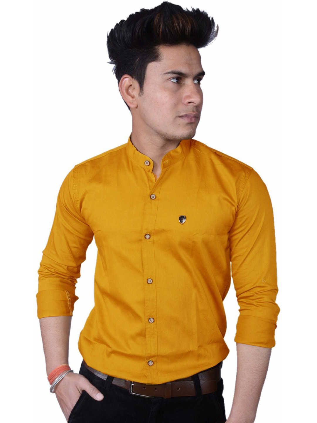 FUBAR Slim Fit Band Collar Long Sleeve Cotton Silk Casual Shirt