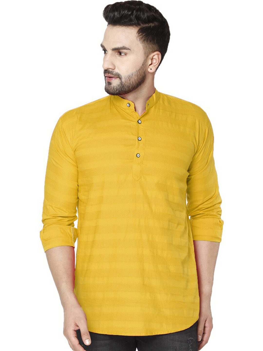 FUBAR Horizontal Striped Cotton Mandarin Collar Slim Fit Opaque Casual Shirt