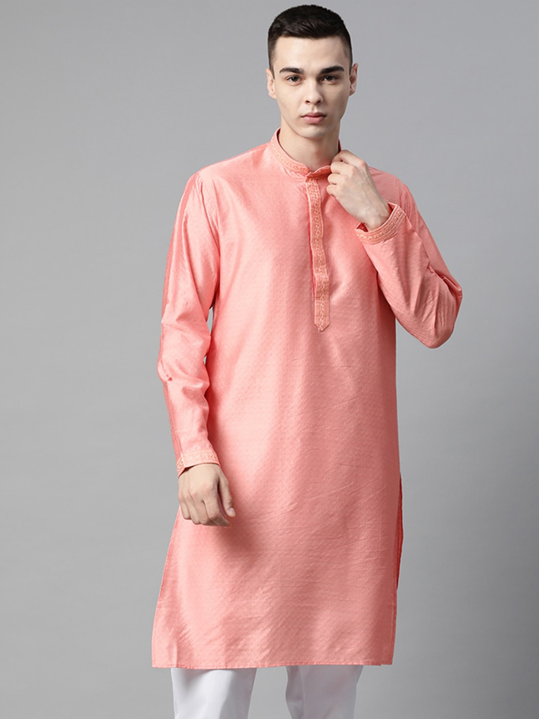 MANQ Woven Design Thread Work Mandarin Collar Straight Kurta