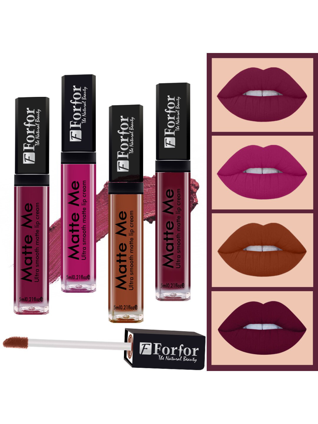 FORFOR Matte Me 4Pcs Long Lasting Liquid Matte Lipstick Maroon-Fuchsia Pink-Brown-Wine