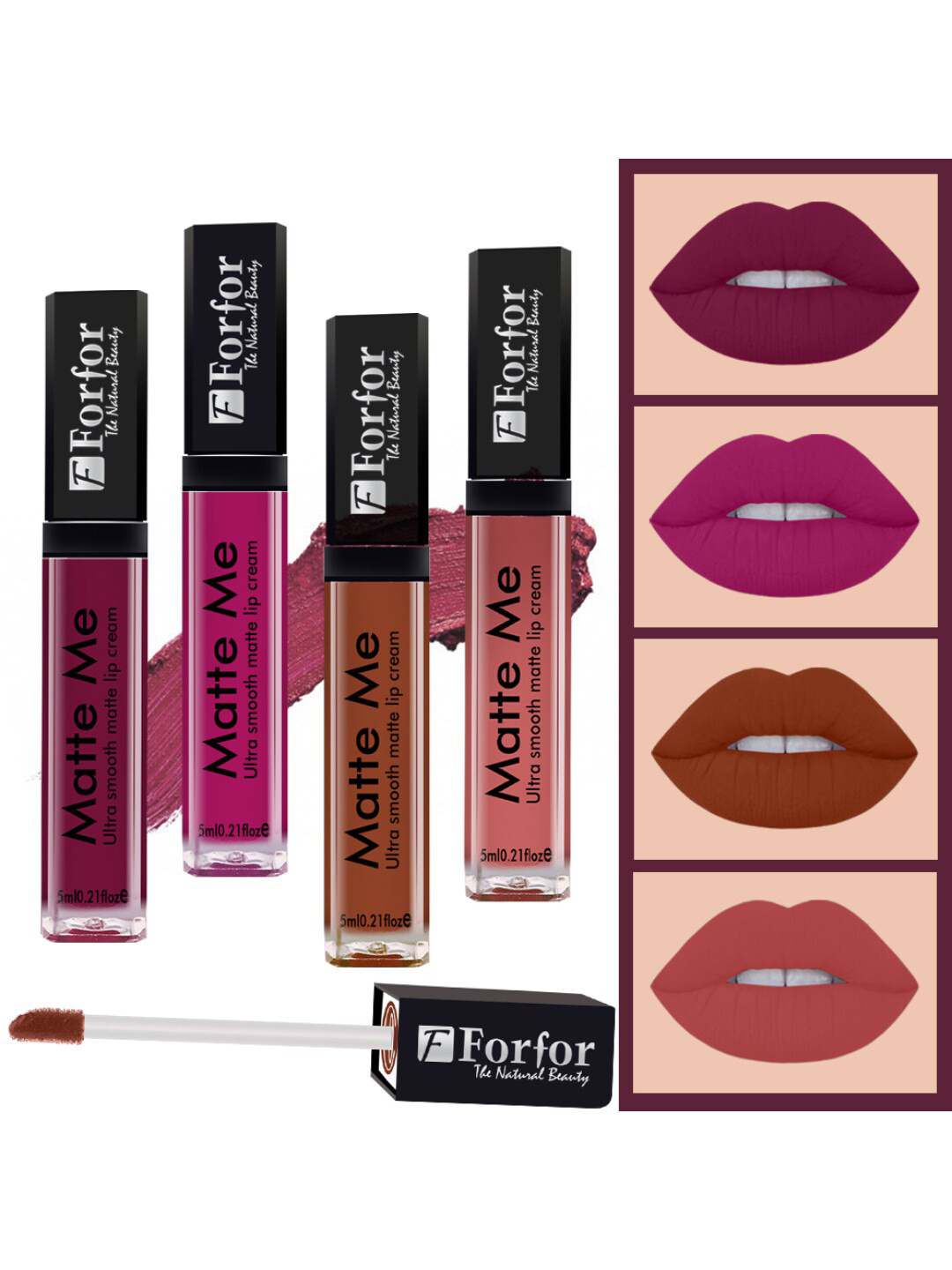 FORFOR Matte Me 4Pc Long Lasting Liquid Matte Lipstick-Maroon-Pink-Brown-Nude Peach