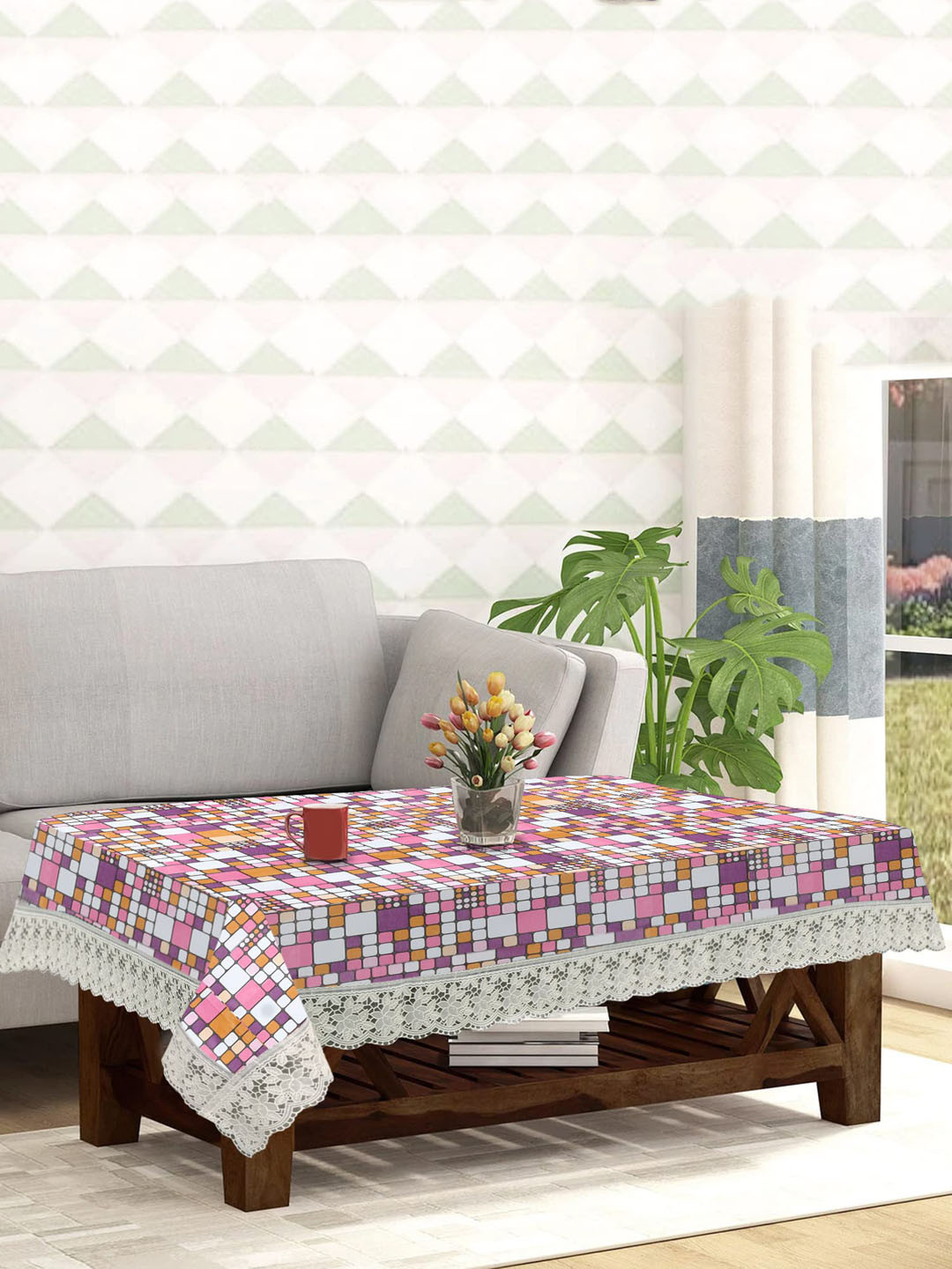 Dakshya Industries Pink & White Abstract Printed Table Cover