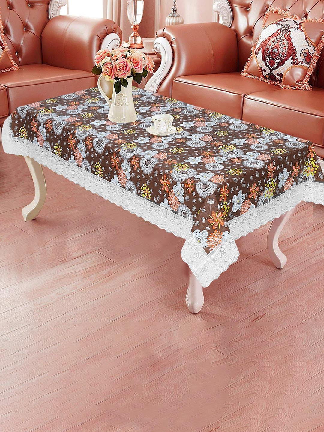 Dakshya Industries Brown & White Flower Printed Table Cover