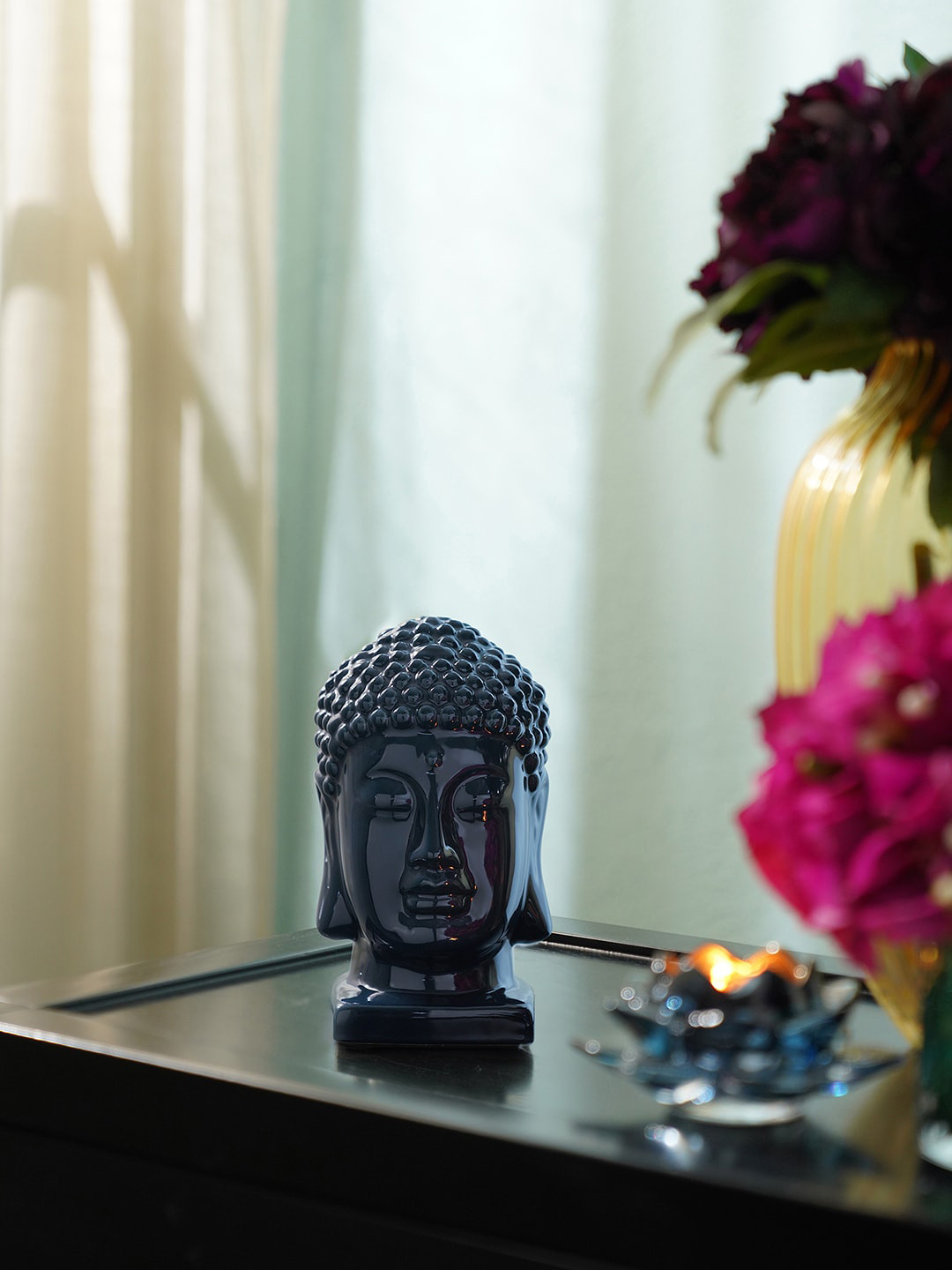 Pure Home and Living Buddha Head Navy Blue Ceramic Glossy Living Room Small Showpiece - 7.5 Inches