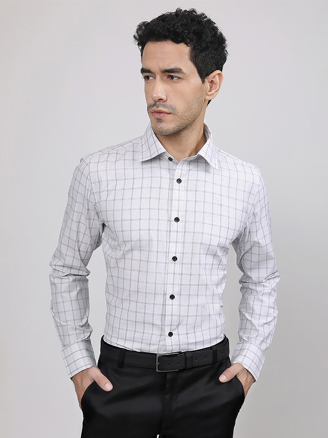 MUTAQINOTI Comfort Grid Tattersall Checked Cotton Formal Shirt