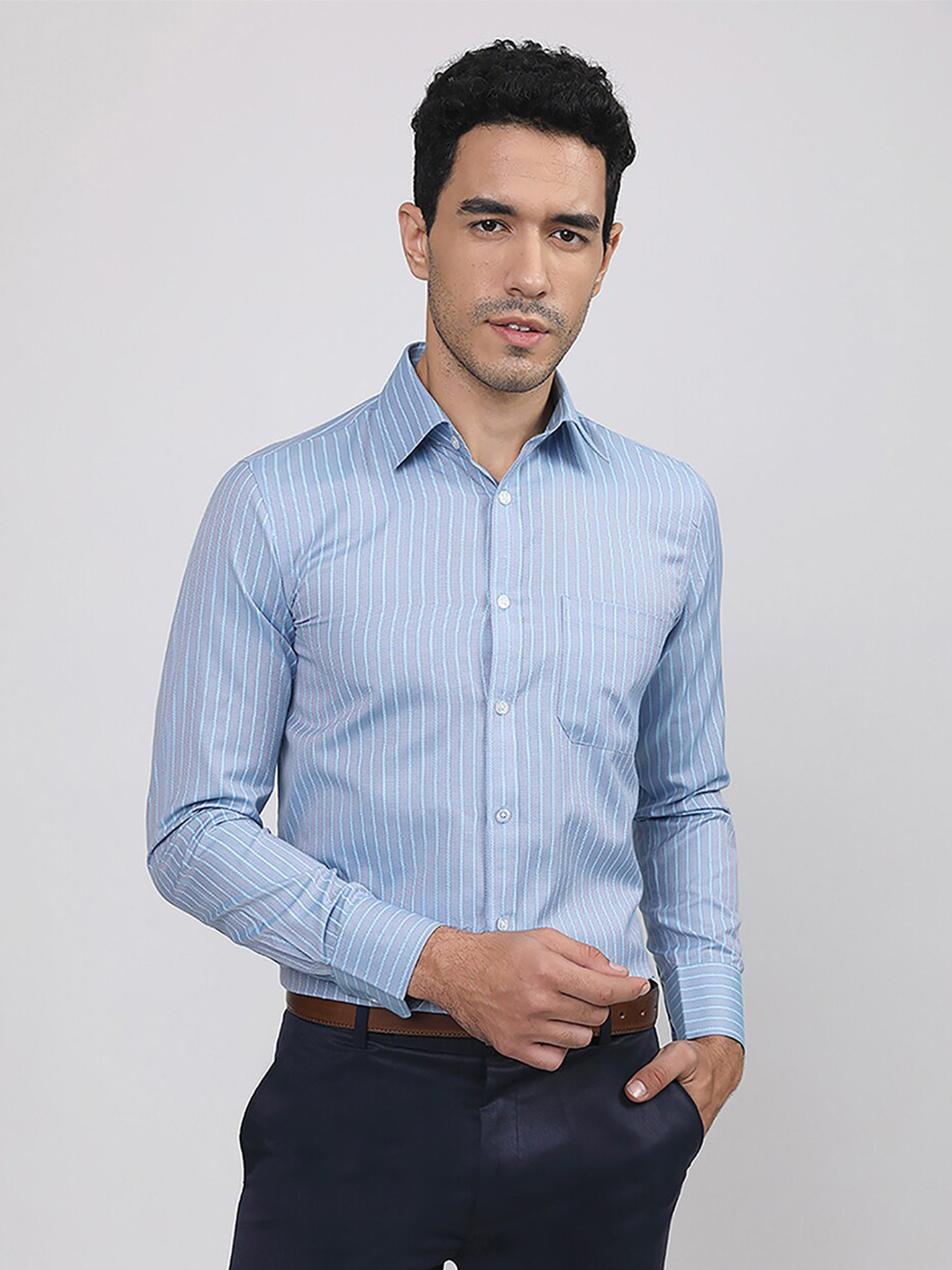 MUTAQINOTI Vertical Striped Comfort Fit Cotton Formal Shirt