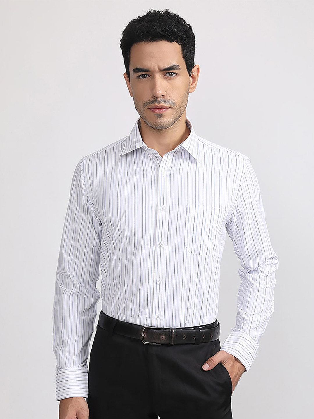 MUTAQINOTI Vertical Striped Comfort Fit Cotton Formal Shirt