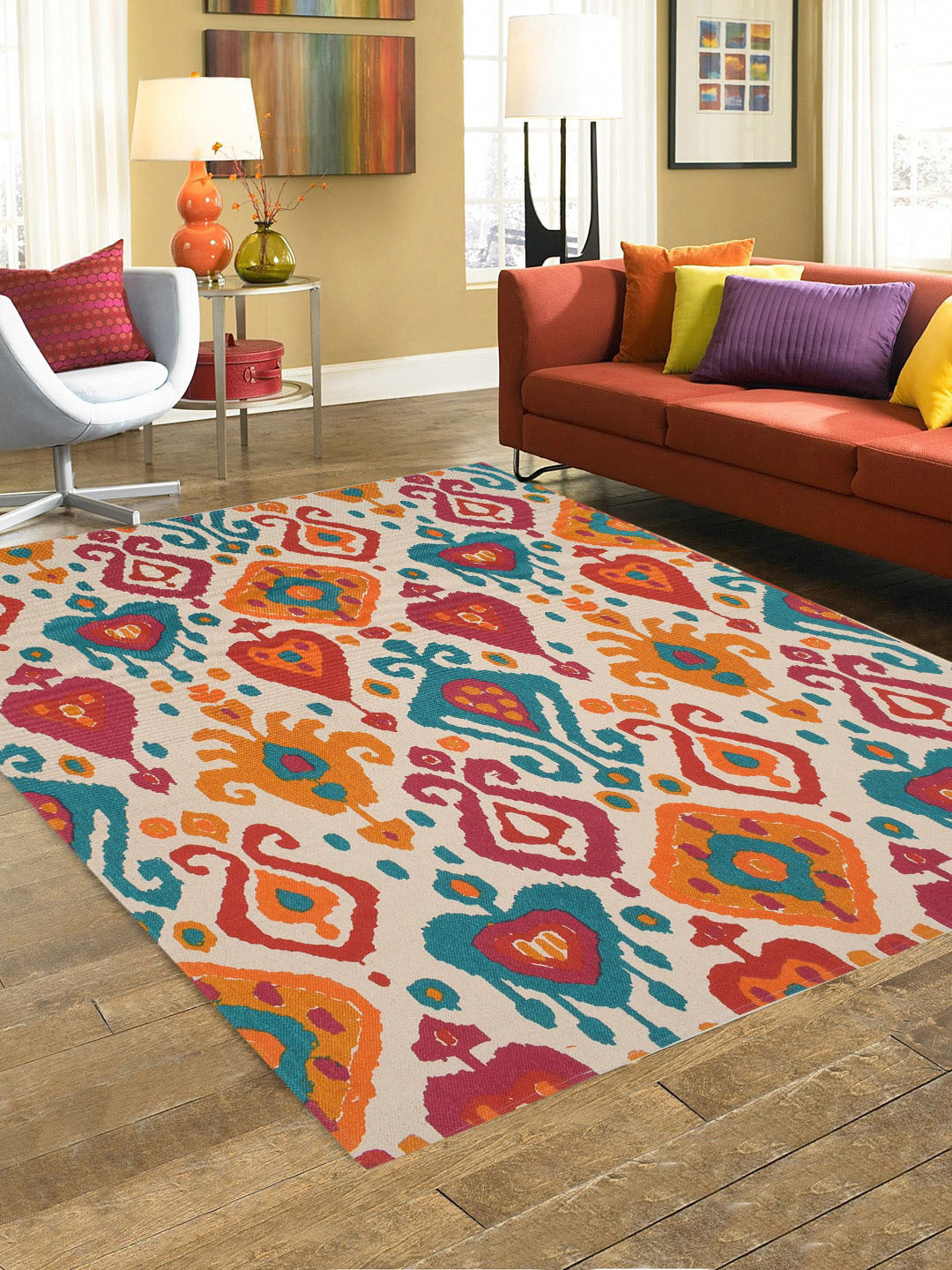 BLANC9 Red & Orange Ecletic Ikat Printed Cotton Carpet