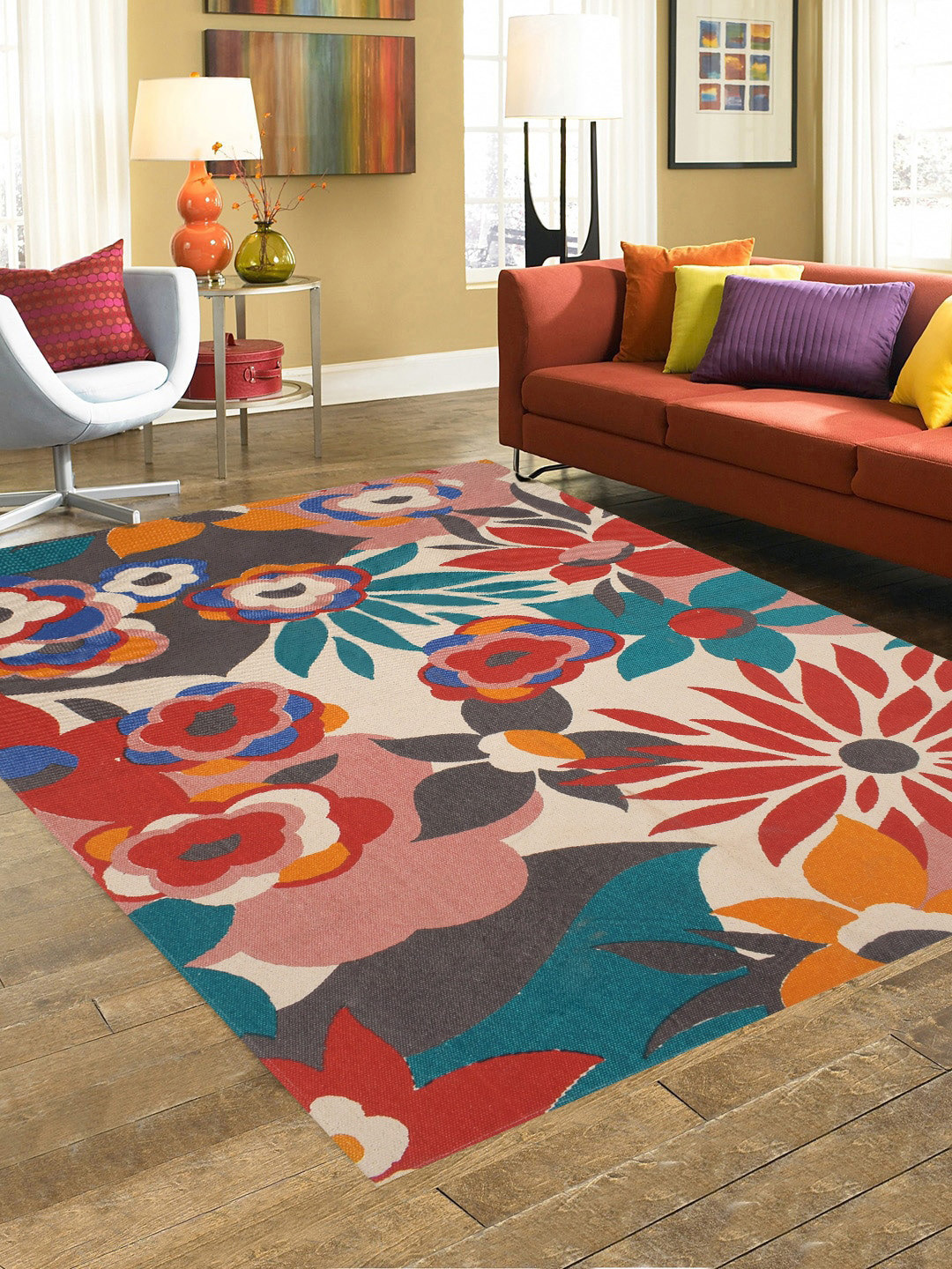 BLANC9 Cream & Red Floral Printed Cotton Carpet