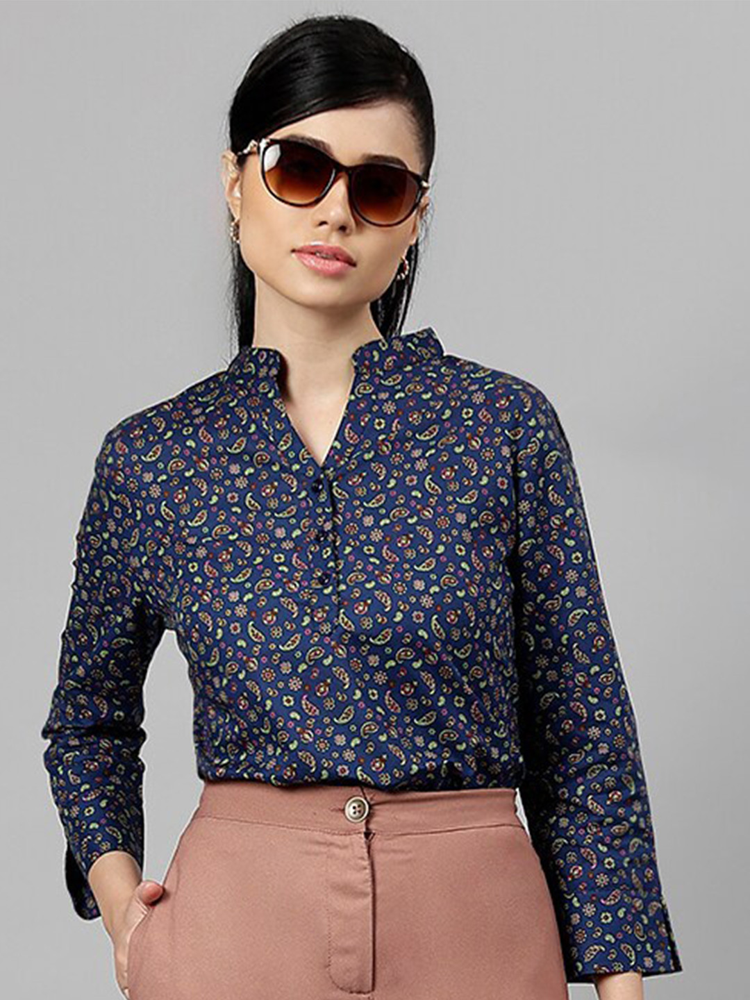 Hancock Floral Printed Mandarin Collar Cuffed Sleeves Cotton Shirt Style Top