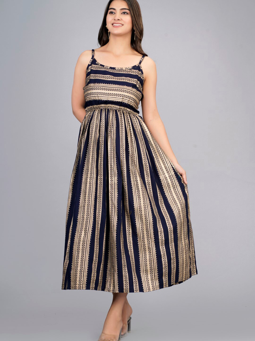 SIPET Striped Gathered Fit & Flare Midi Dress