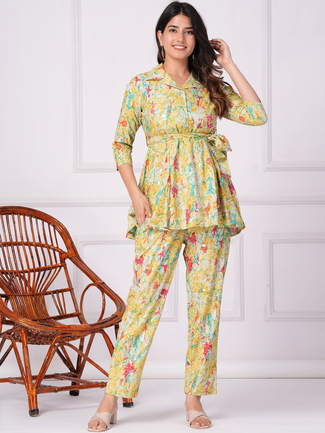 KALINI Printed Collar Top With Tie Up Belt And Printed Trousers Co-Ords