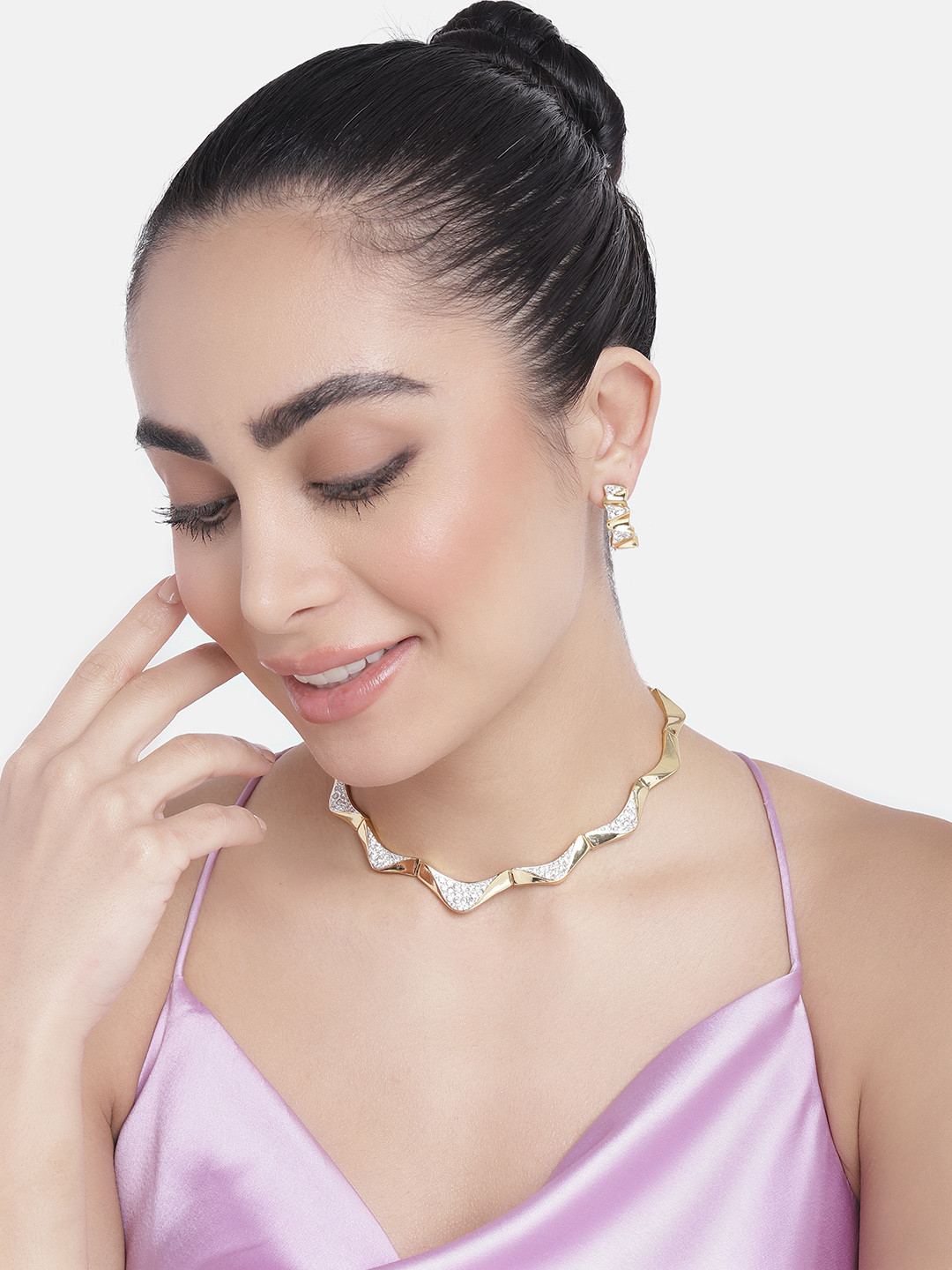 Estele Gold & Rhodium Plated Geometric Designer Necklace Set with Crystals