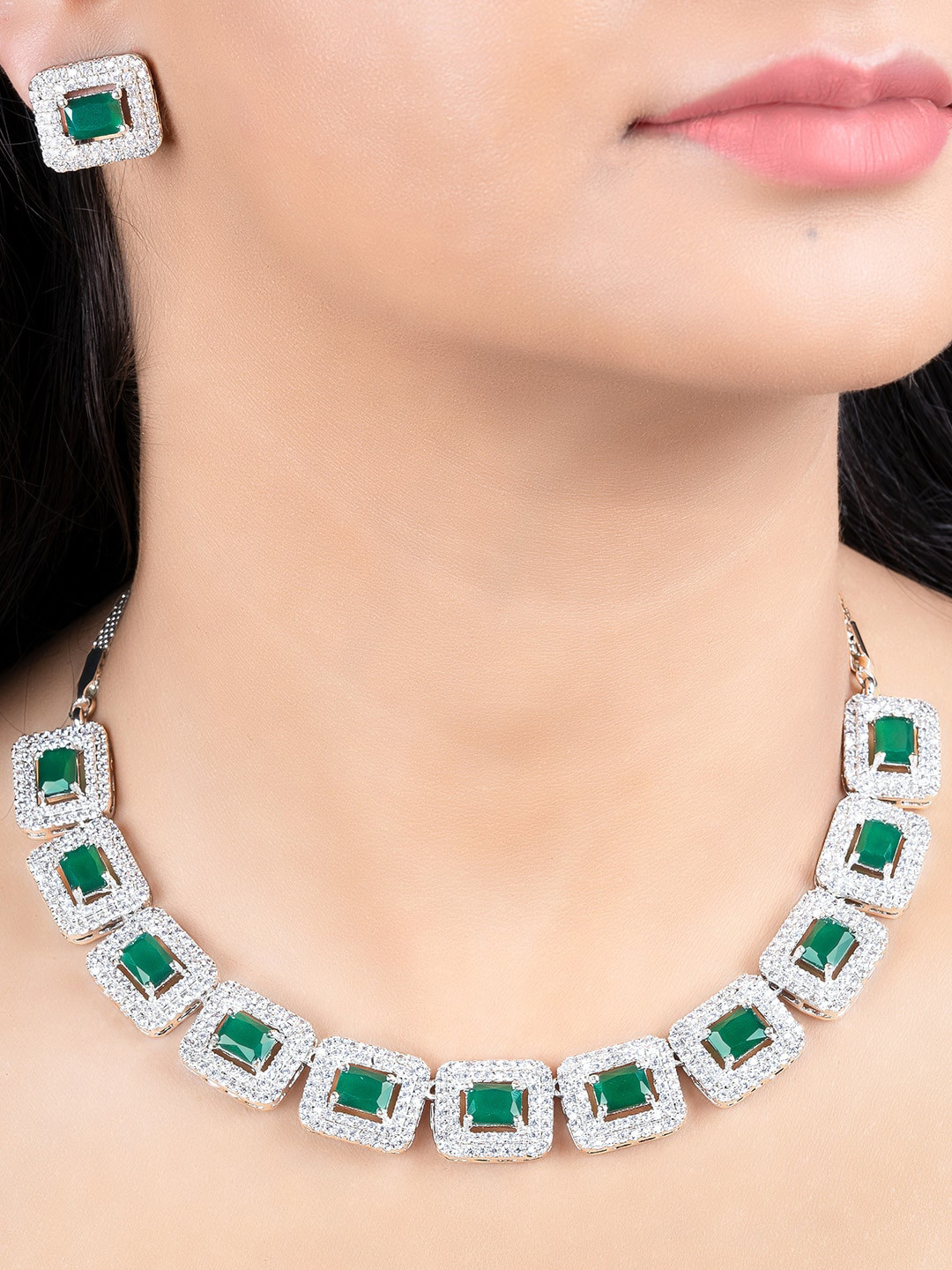 Estele Rhodium Plated CZ Beautiful Necklace Set with White & Green Stones