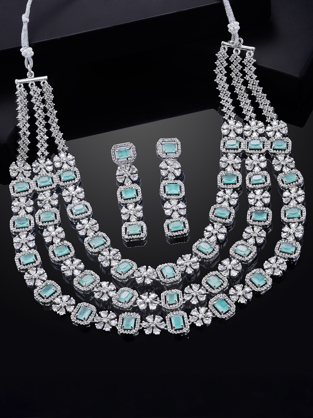 Estele Rhodium Plated CZ Magnificent 3 Line Necklace Set with Mint Green Stones for Women