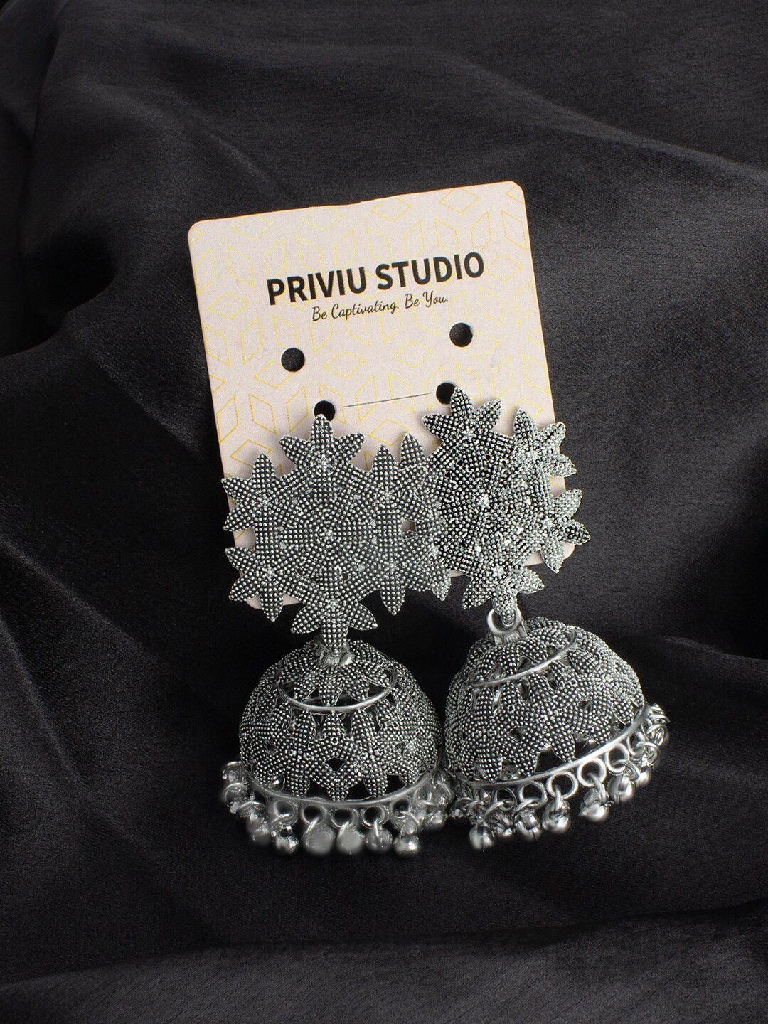 PRIVIU Silver-Plated Oxidised Floral Jhumkas