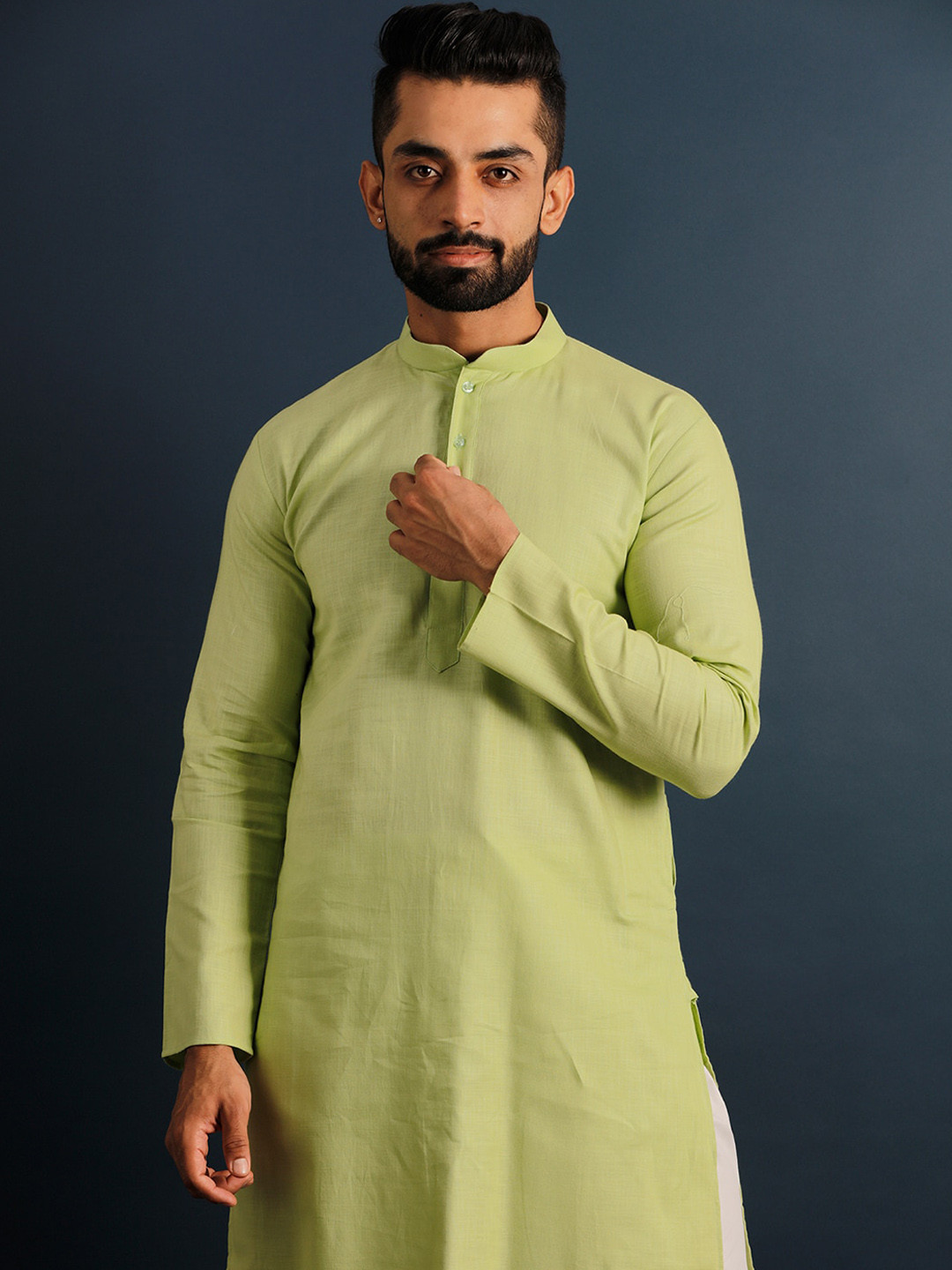 Lightpole Men Fluorescent Green Thread Work Kurta