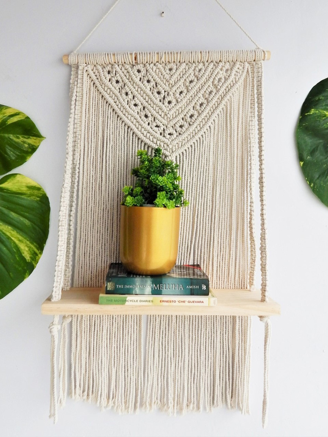 ecofynd Off White Cotton Macrame Wall Hanging With Wooden Shelf